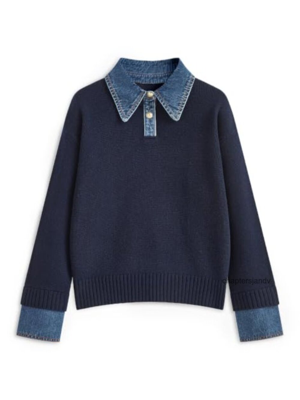 Oversized Knit Polo Sweater Denim Lapel Collar Pullover Tunic